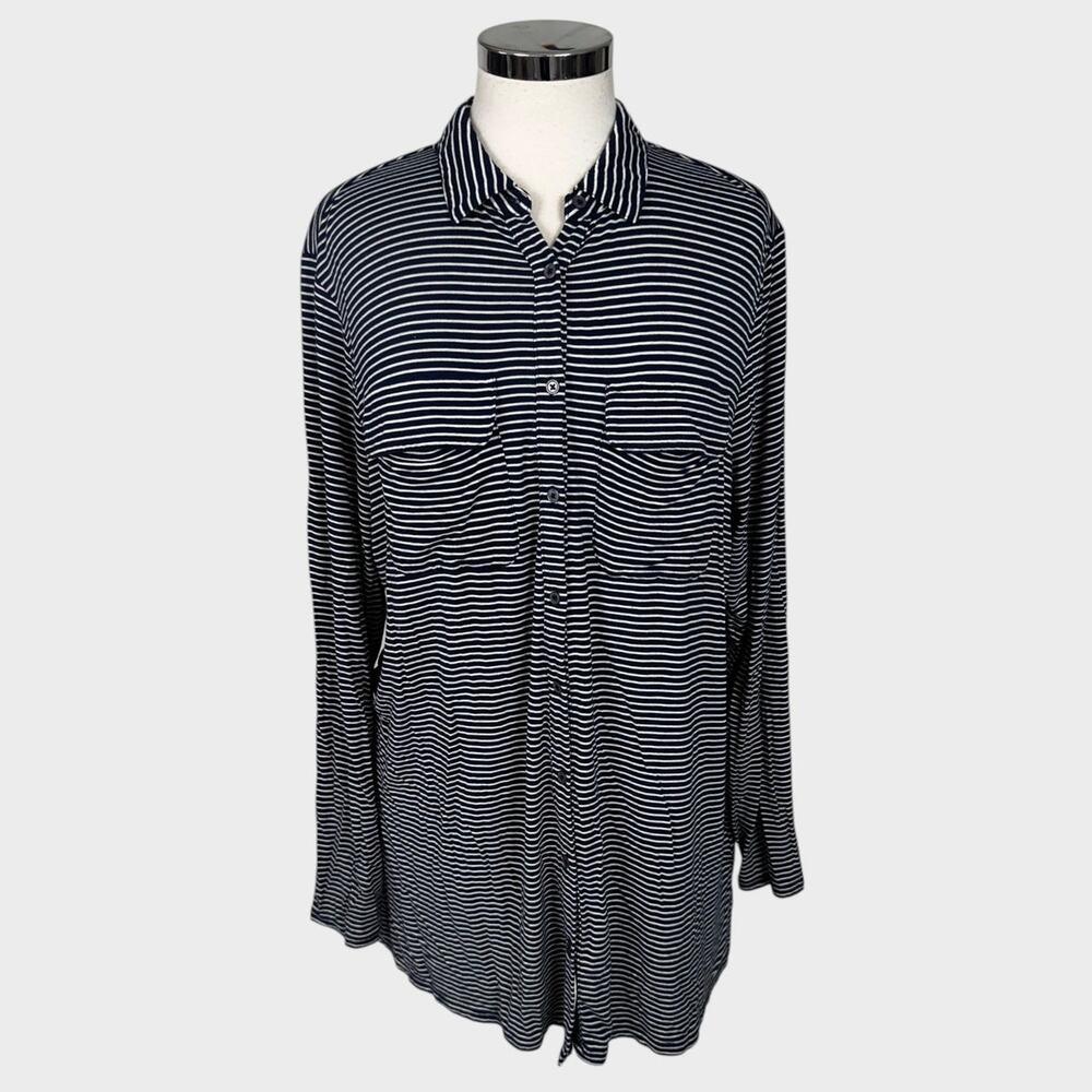Lands' End XL 18 Button Front Tunic Blue White Stripe Rayon Spandex